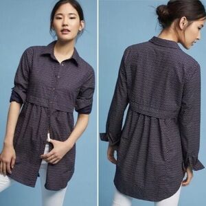Maeve Anthropologie Navy Button Down Shirt with Polka Dots NWOT